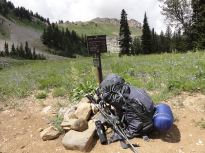 Made it the junction with the actual Teton Crest Trail. Here you see all my gear. I ended up right around 40lbs for my pack, which is about the most my Osprey Atmos 65L could handle. Fortunately, most of my gear is ultra-light, otherwise I would probably have been closer to 50lbs. Packing solo definitely adds weight!